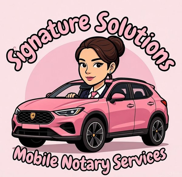 Signature Solutions — Mobile Notary Services logo: a smiling notary driving a pink SUV